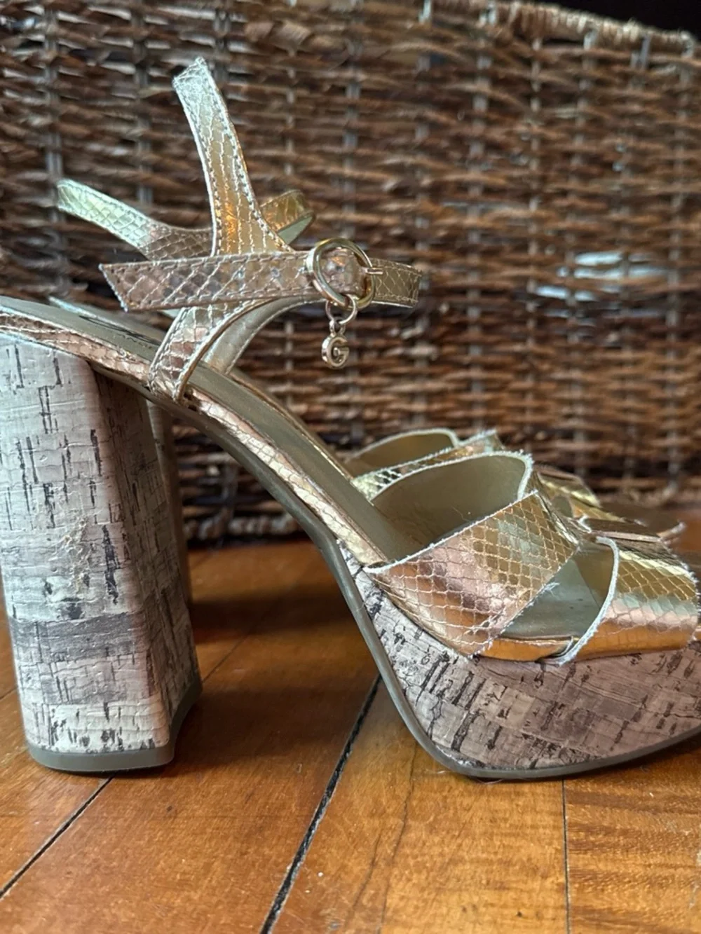 G by Guess Metallic Gold Platform Block Heel Sandals